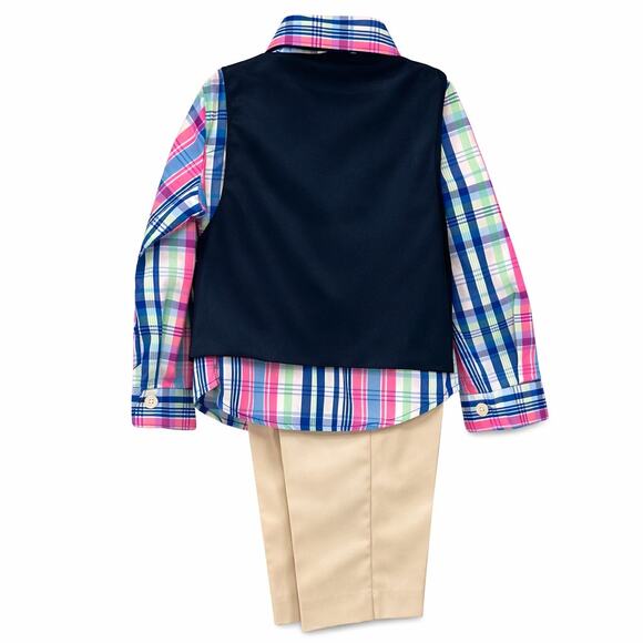 IZOD Boys 2T Easter Preppy Ring Bearer 4pc Suit Gray Vest Plaid Khaki Bow Tie - Picture 6 of 7